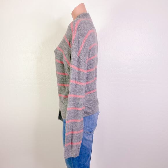 WAYF Striped Mock Neck Tie Waist Pullover Sweater Gray Pink Wool Blend Small - Picture 7 of 12
